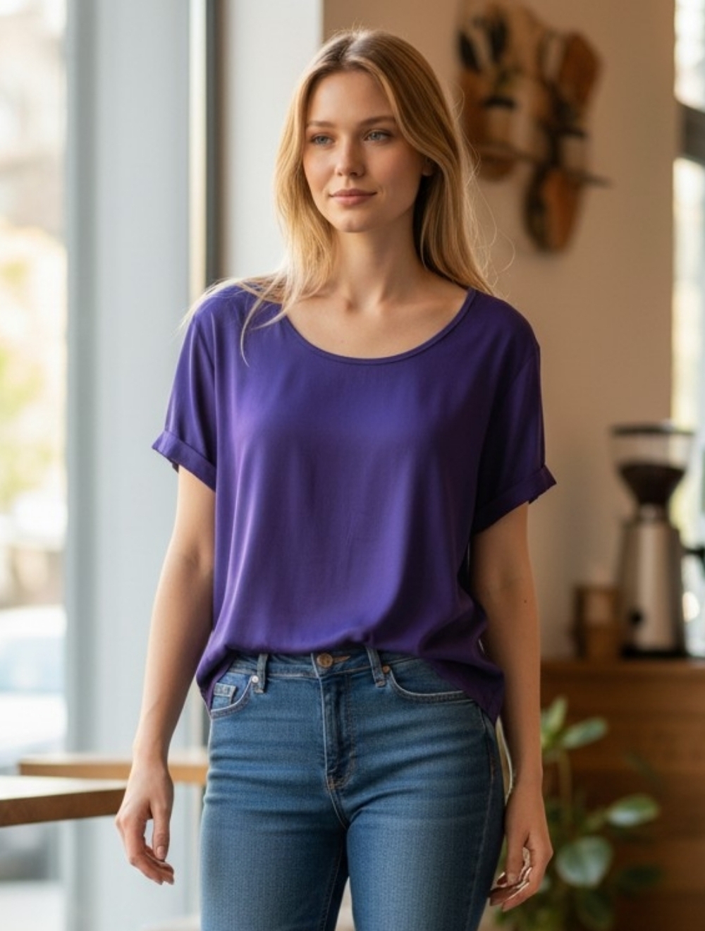 Gerard Darel Royal Purple Short-Sleeve Scoop Neck Top